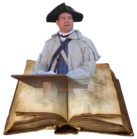 Man dressed as revolutionary war soldier standing at a podium, superimposed over a large, old book.