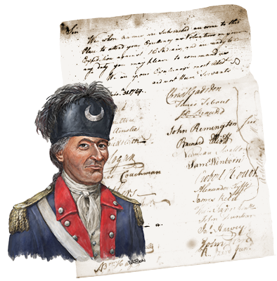 Sketch of Francis Marion and a photograph of a document with handwriting and signatures.