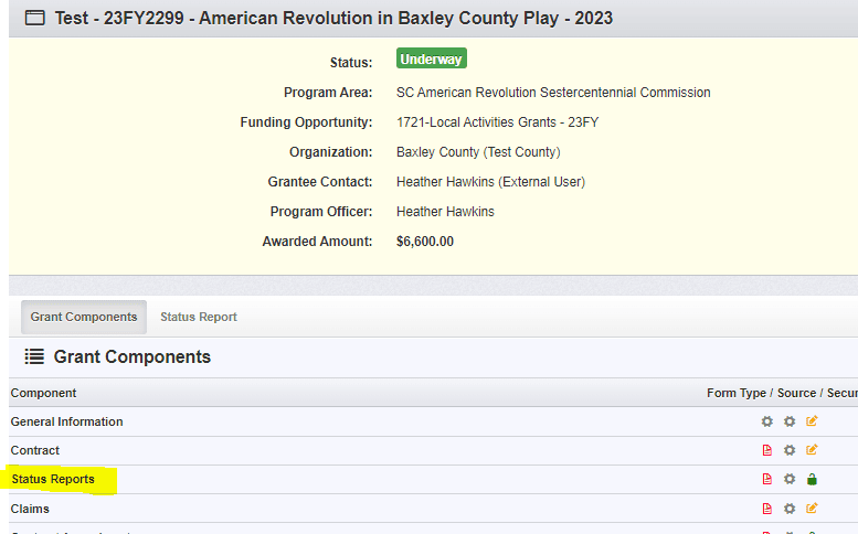 screenshot selecting status reports from grant components