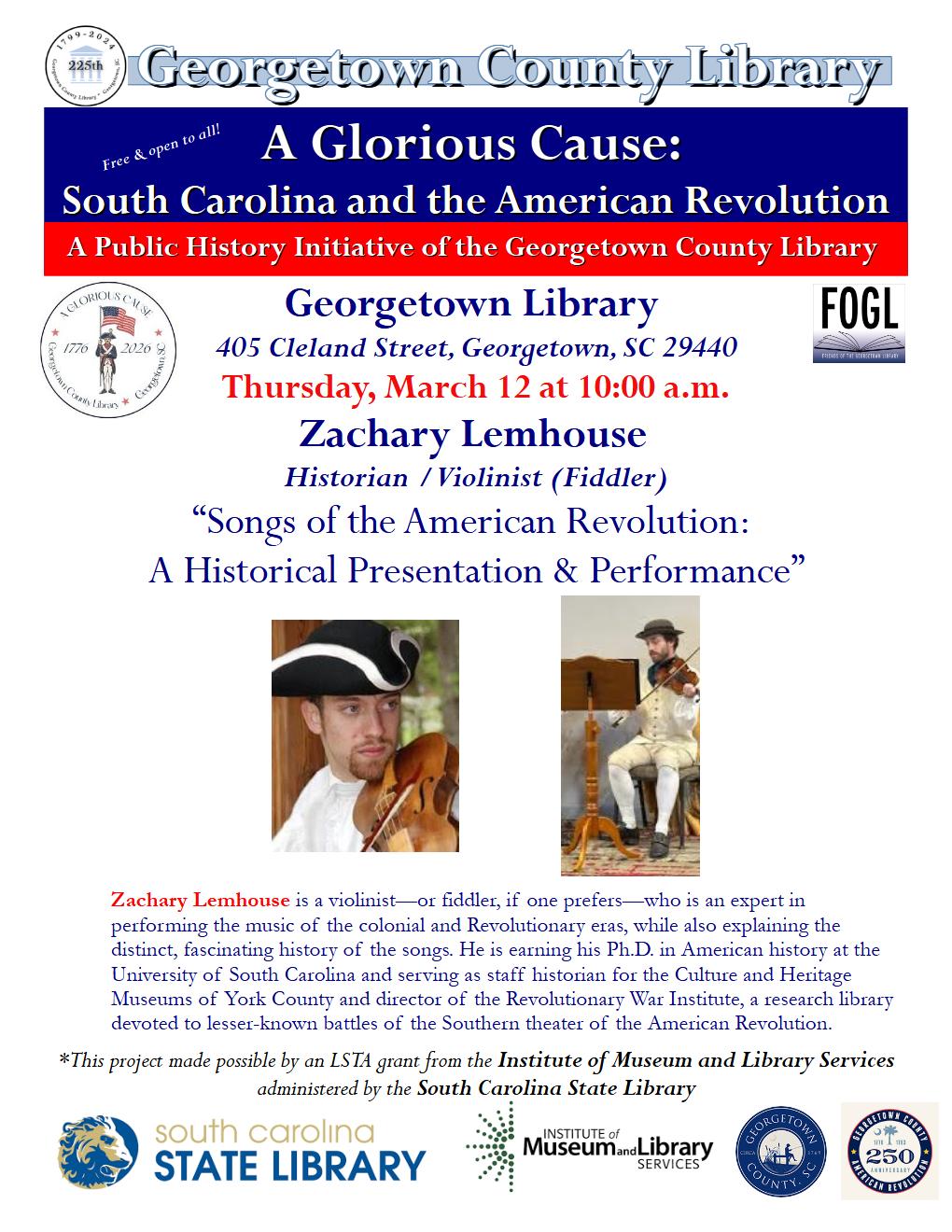 Zachary Lemhouse, Historian/Violinist, “Songs of the American Revolution: A Historical Presentation & Performance” (“A Glorious Cause” series)