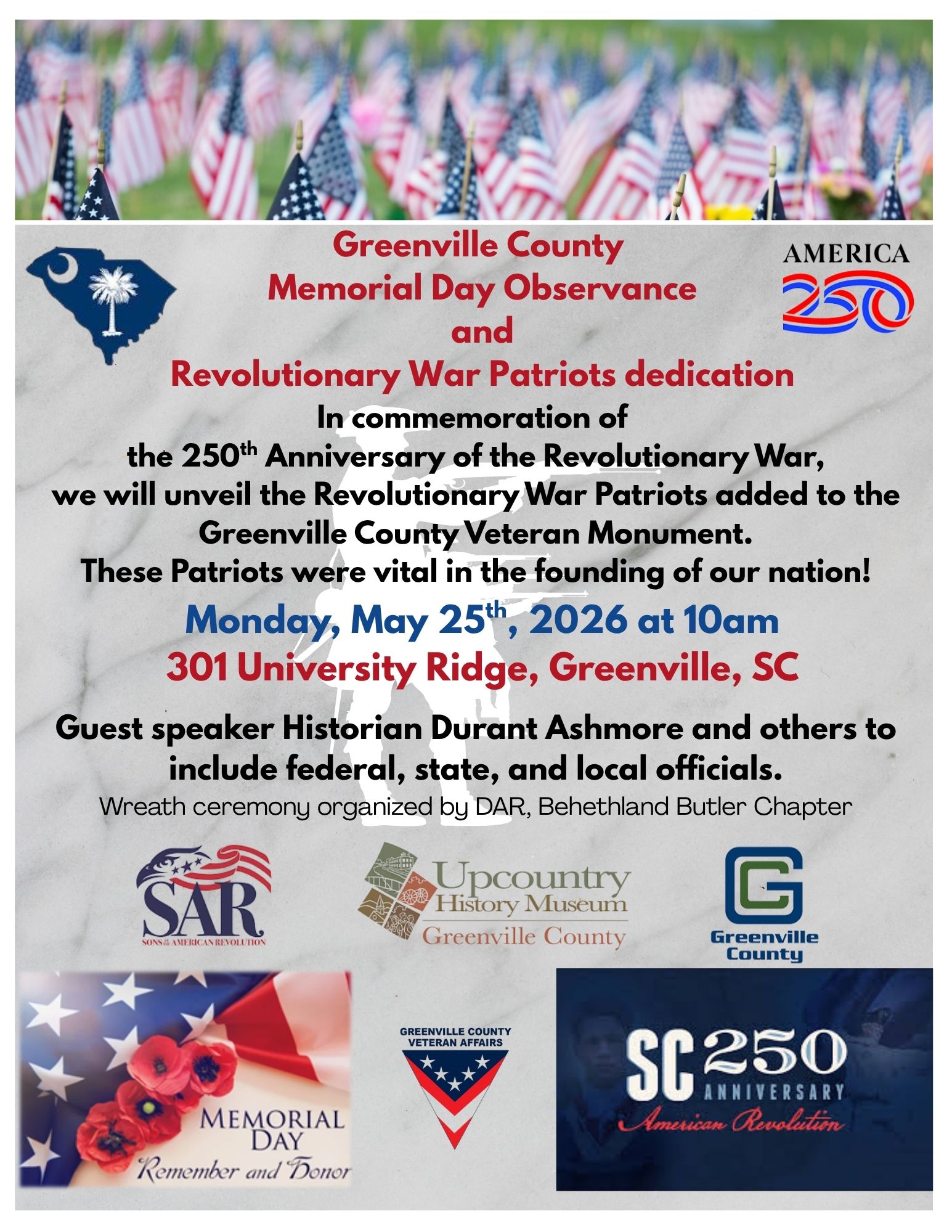 Greenville County Memorial Day Observance and Unveiling of Revolutionary War Veterans added to their Veteran Monument