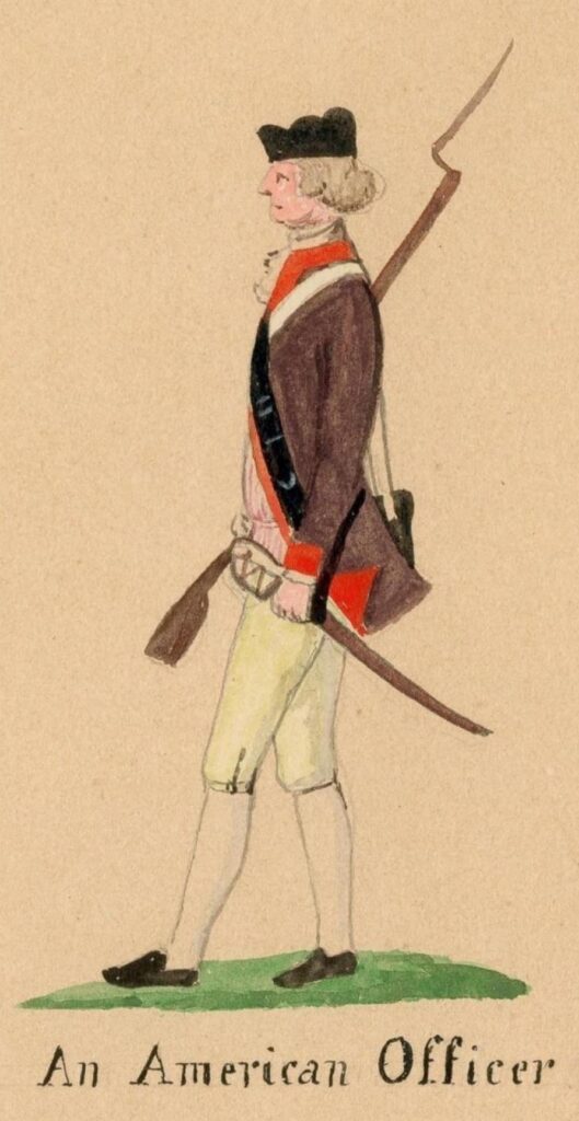 Historical illustration of an American Revolutionary War officer in uniform.