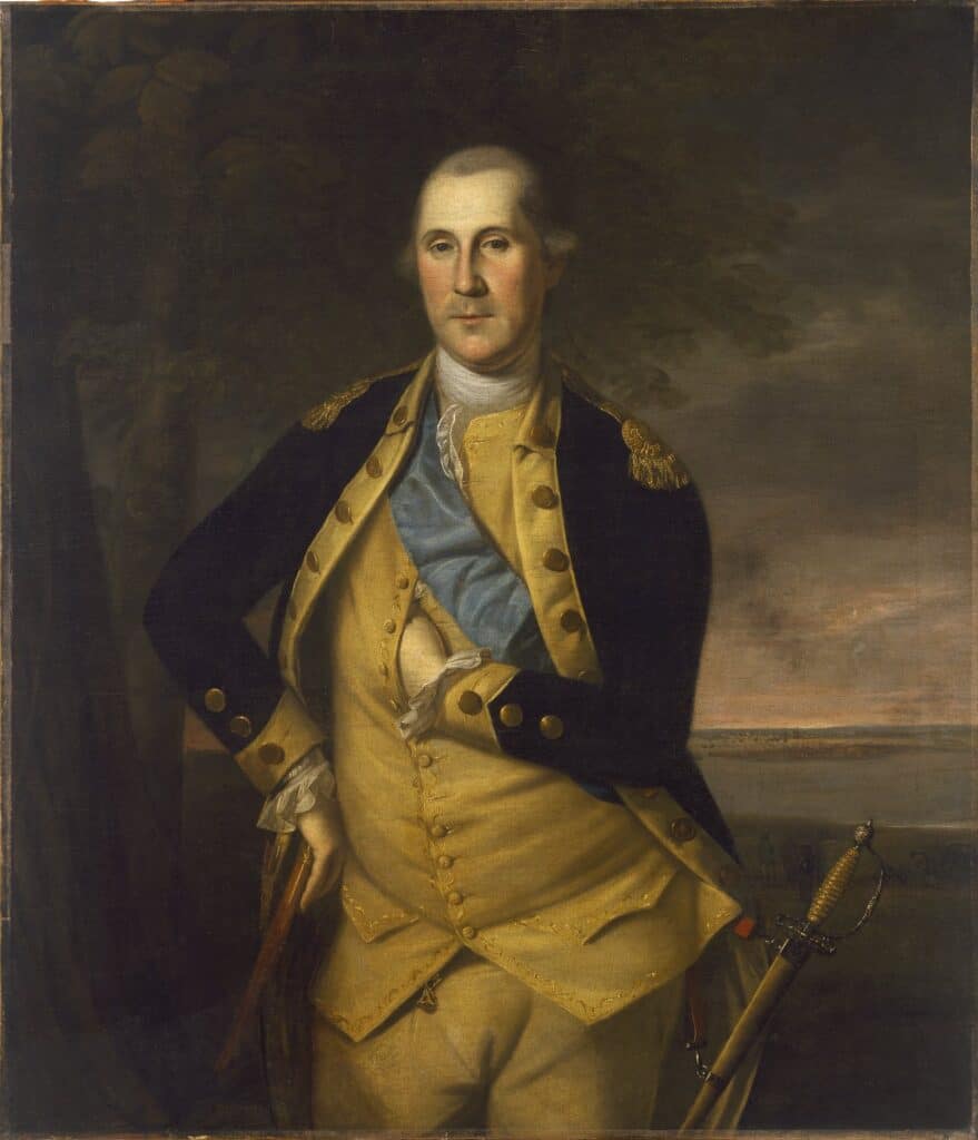 Portrait of George Washington in military uniform with a sword.