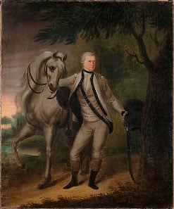 Revolutionary War era man with horse in a historic painting.