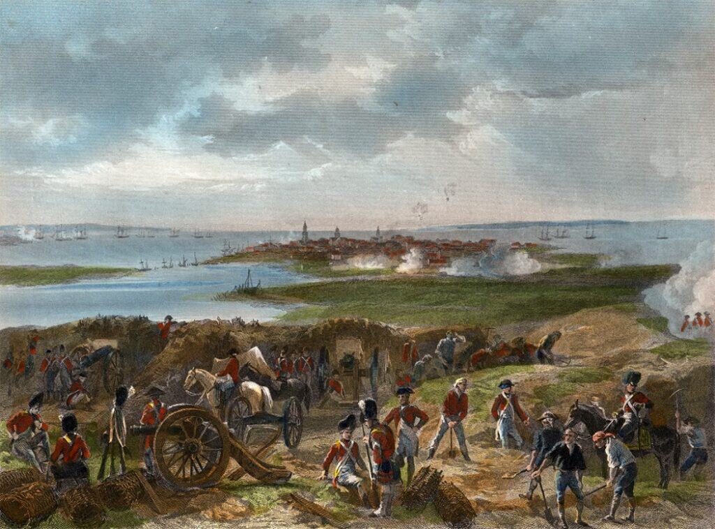 Battle of Charleston during the American Revolution with soldiers and cannons.