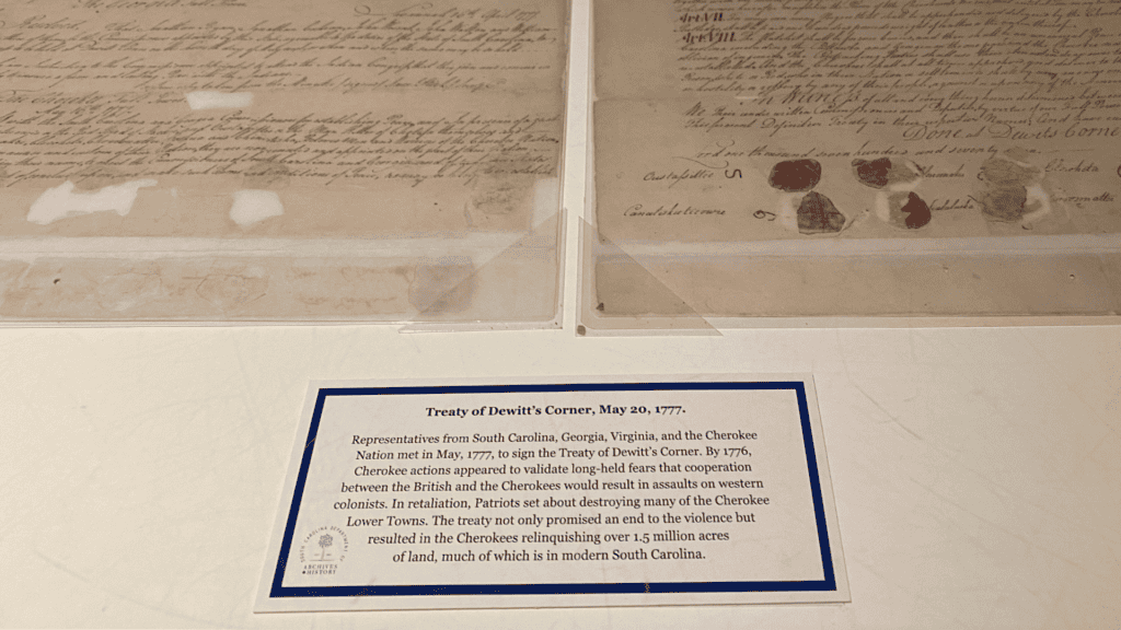Historical documents and a treaty related to South Carolina's Revolutionary War history.