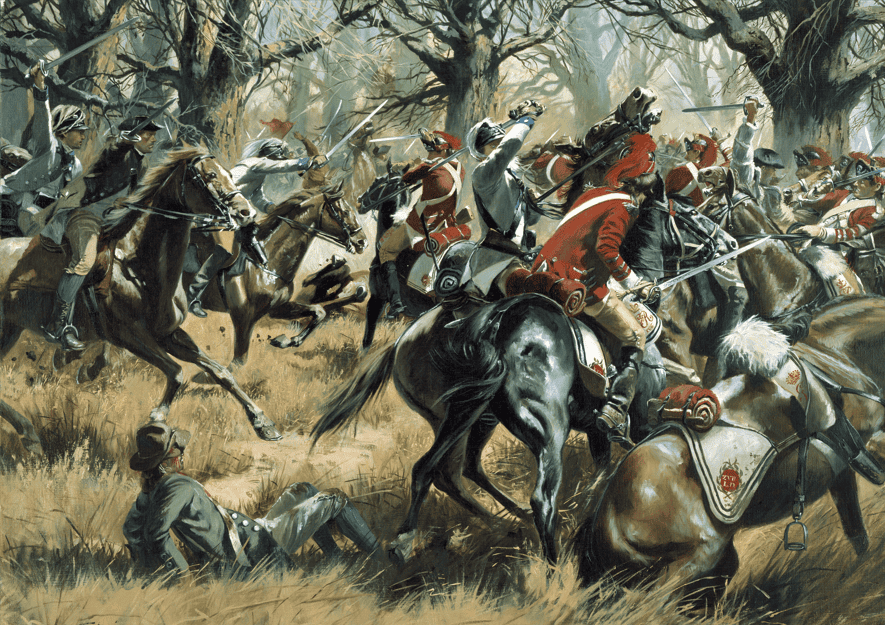 Battle scene from the American Revolution at Cowpens with soldiers on horseback and on foot.